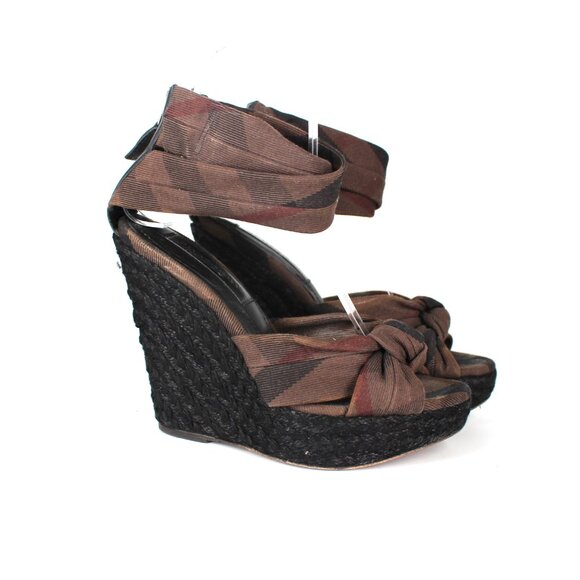 Burberry Classic Check Fabric Platform Wedge Ankle Collar Heeled Sandals 38 US 8 - Picture 1 of 8